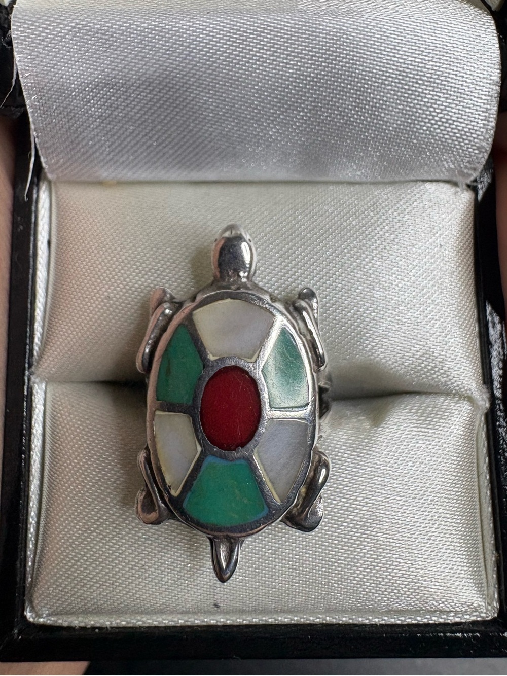 Ring Zuni Turtle 925 Sterling Silver Vintage Turquoise Coral Mother-of-Pearl - Picture 1 of 8